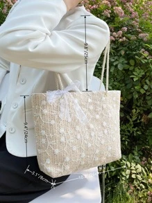 Cute,Kawaii Flowers Floral Embroidery Bow Decor Straw Shoulder Tote Bag, For Women, Rookies & White-Collar Workers,For Lady,For Female,For Teacher Gifts,For Girl, Teen Girls Large Capacity For Business/Commute/Work/Office,For Festivals/Vacation/Holiday - Beige - View 8