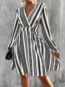 SHEIN Unity Geo Print Surplice Neck Flounce Sleeve Dress - Black and White - View 5