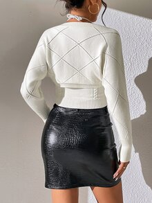 Tie Front Cable Knit Top & Shrug Cardigan - White - View 5