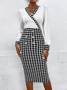 SHEIN Privé Houndstooth Print Split Back Bishop Sleeve Bodycon Dress - Black and White - View 5