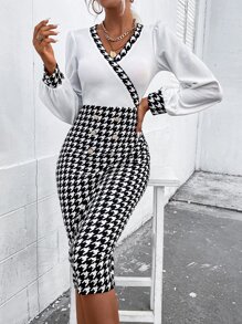 SHEIN Privé Houndstooth Print Split Back Bishop Sleeve Bodycon Dress - Black and White - View 6