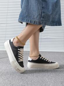 Letter Patch Decor Lace-up Front Canvas Shoes - Black - View 1