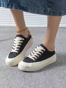 Letter Patch Decor Lace-up Front Canvas Shoes - Black - View 3
