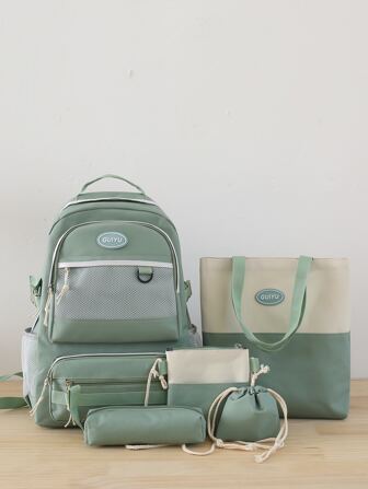 Clásica, informal, 5 piezas, detalle de parche, mochila funcional con panel de malla, juego para niñas adolescentes, mujeres, estudiantes universitarios, perfecta para la escuela secundaria, la escuela secundaria, la universidad, el trabajo, la vuelta a la escuela