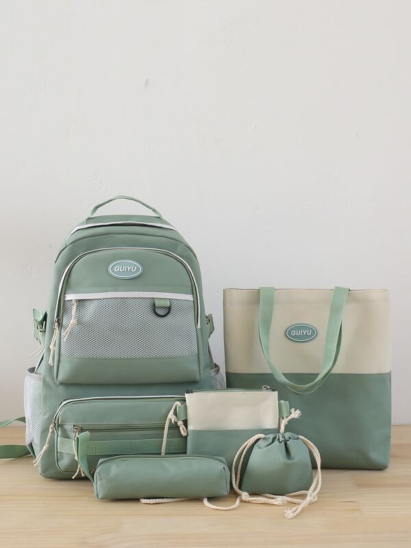 Classic, Casual 5pcs Patch Detail Mesh Panel Functional Backpack Set for Teen Girls, Women,College Students Perfect for Middle School, High School, College, Work, Back to School