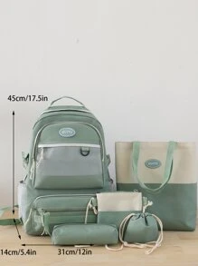 經典,休閒5入組補丁細節拼接網紗功能背包套裝適用於青少年女孩,女士,大學學生完美適用於中間學校,中學,大學,工作,後至學校 - 綠色 - 查看 6