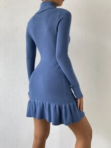 SHEIN Essnce Vestido de punto de cuello desbocado bajo con fruncido sin cinturón - Azul - Ver 2