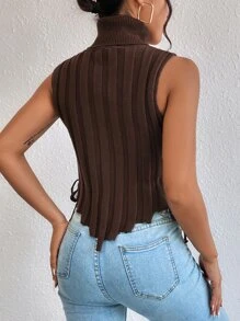 Celisse Turtle Neck Lace-up Side Asymmetrical Hem Sweater Vest - Coffee Brown - View 2