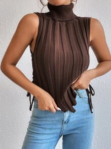 Celisse Turtle Neck Lace-up Side Asymmetrical Hem Sweater Vest - Coffee Brown - View 3