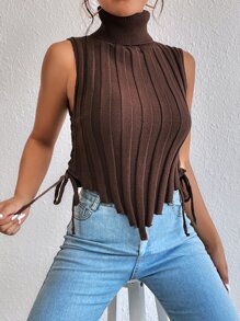 Celisse Turtle Neck Lace-up Side Asymmetrical Hem Sweater Vest - Coffee Brown - View 4