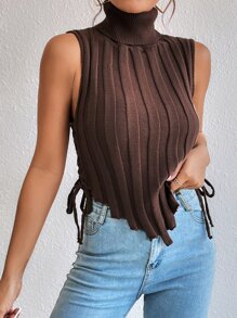 Celisse Turtle Neck Lace-up Side Asymmetrical Hem Sweater Vest - Coffee Brown - View 5