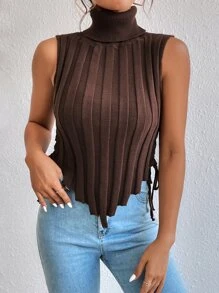 Celisse Turtle Neck Lace-up Side Asymmetrical Hem Sweater Vest - Coffee Brown - View 6