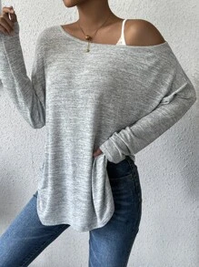 SHEIN LUNE Asymmetrical Neck Split Hem Tee - Light Grey - View 7