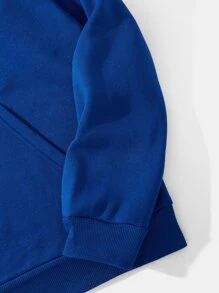 Men Bear Print Kangaroo Pocket Drawstring Thermal Hoodie - Royal Blue - View 5