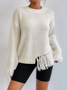 SHEIN Essnce Drop Shoulder Fringe Asymmetrical Hem Jumper - Beige - View 4