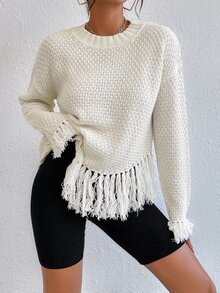 SHEIN Essnce Drop Shoulder Fringe Asymmetrical Hem Jumper - Beige - View 6