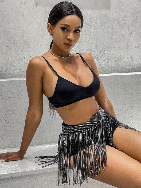 SHEIN SXY Jupe portefeuille m?�tallique avec franges et n??ud | Mode en ligne | SHEIN FRANCE