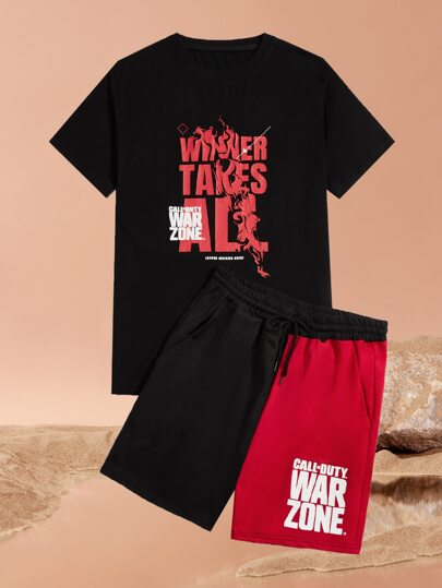 ROMWE X Call of Duty Homme T-shirt à lettres & Short à blocs de couleurs