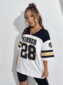 SHEIN EZwear Camiseta larga de hombros caídos con estampado de color combinado con letra - Negro - Ver 3