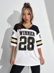 SHEIN EZwear Camiseta larga de hombros caídos con estampado de color combinado con letra - Negro - Ver 4