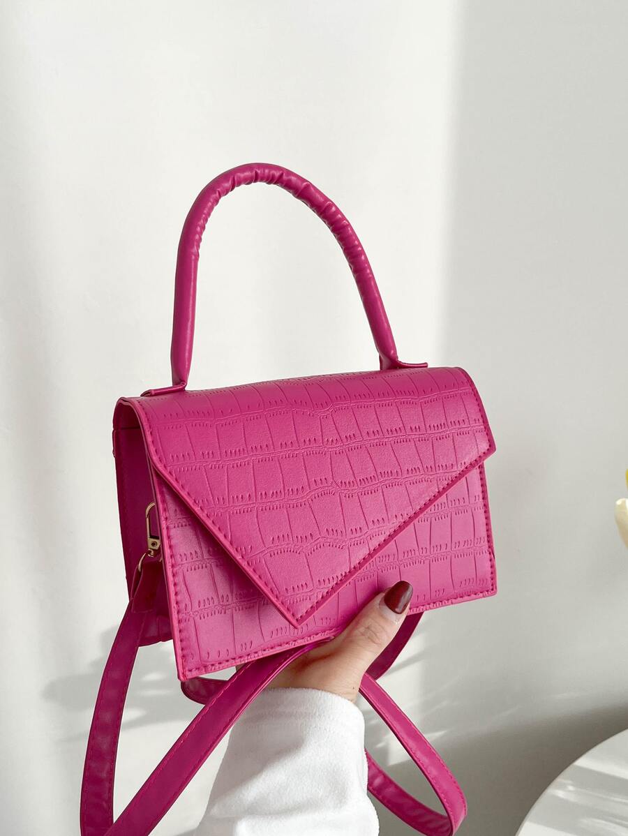 Mini Neon Pink Crocodile Embossed Flap Square Bag - Hot Pink - View 1