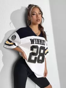 SHEIN EZwear Camiseta larga de hombros caídos con estampado de color combinado con letra - Negro - Ver 5