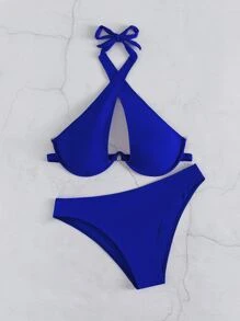 Bikini có dây buộc chéo - Xanh đậm - Xem 5