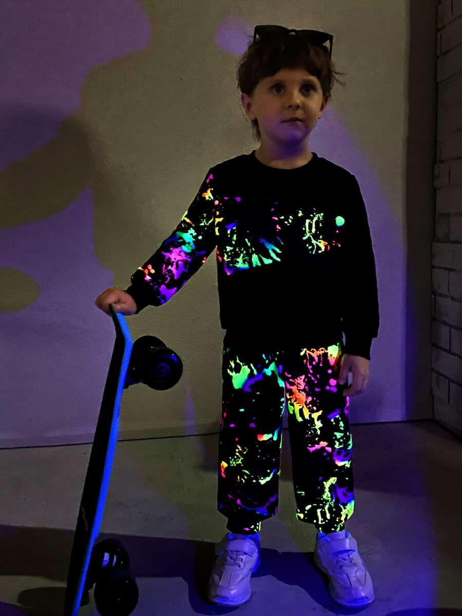 SHEIN Chàng trai trẻ Phản chiếu In Splash Ink Bộ áo chui đầu & quần thể thao - Nhiều màu - Xem 1