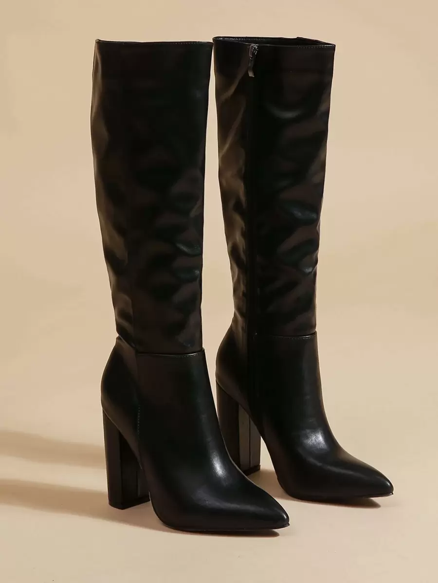 Women's Thick Heel Pointed Toe Side Zipper Knee-High Boots, Sexy Classic Fashion High Heeled Black Boots, PU, Autumn/Winter - Black - View 1