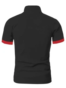 Manfinity Homme Hombres Camisa polo ribete en contraste - Negro - Ver 2