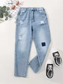 Boys Ripped Frayed Patched Detail Tapered Jeans - Light Wash - View 1