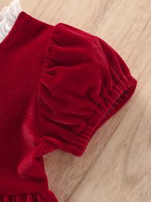 Baby Puff Sleeve Frill Neck Zipper Back Dress - Burgundy - View 5