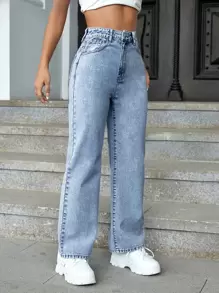 SHEIN EZwear Brushed Fabric Thermal High Waist Straight Leg Jeans Thermal Denim  Thickened Denim