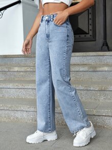 SHEIN EZwear Brushed Fabric Thermal High Waist Straight Leg Jeans Thermal Denim  Thickened Denim
