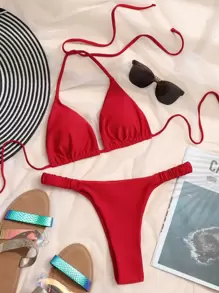 Swim Vcay 2 Pieces Women's Solid Color Halter Tie Sexy Bikini Set, Beach Holiday 2025 Summer