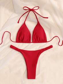 Swim Vcay 2 Pieces Women's Solid Color Halter Tie Sexy Bikini Set, Beach Holiday 2025 Summer