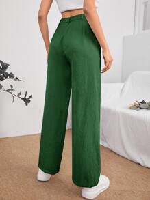 SHEIN PETITE Solid High Waist Straight Leg Trousers - Green - View 2