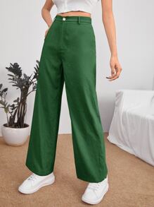 SHEIN PETITE Solid High Waist Straight Leg Trousers - Green - View 3
