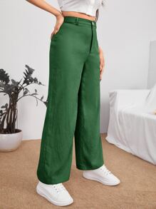 SHEIN PETITE Solid High Waist Straight Leg Trousers - Green - View 4