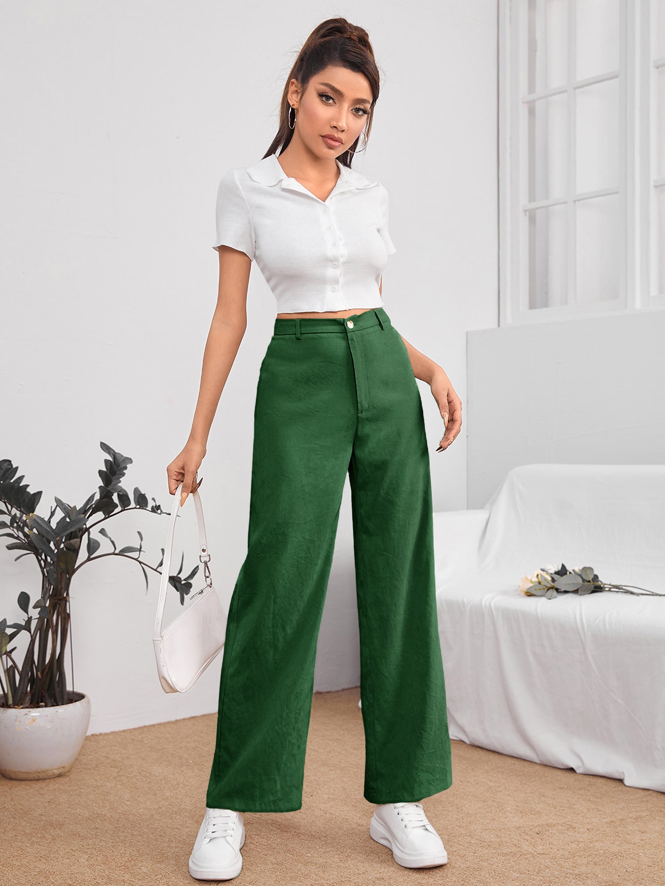 SHEIN PETITE Solid High Waist Straight Leg Pants SHEIN USA