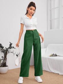 SHEIN PETITE Solid High Waist Straight Leg Trousers - Green - View 5