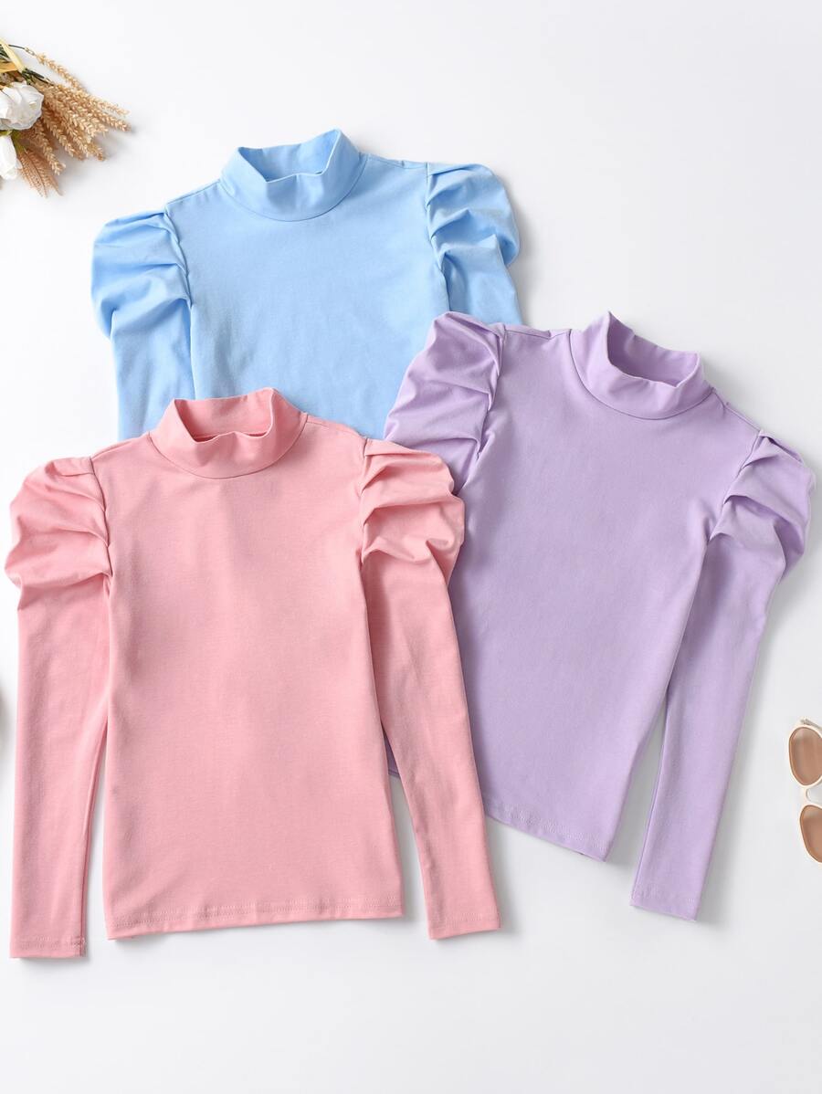 Girls 3pcs Mock Neck Gigot Sleeve Tee - Multicolor - View 1