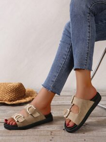 女士人造珍珠裝飾搭扣裝飾優雅戶外平底涼鞋 - 卡其色 - 查看 4