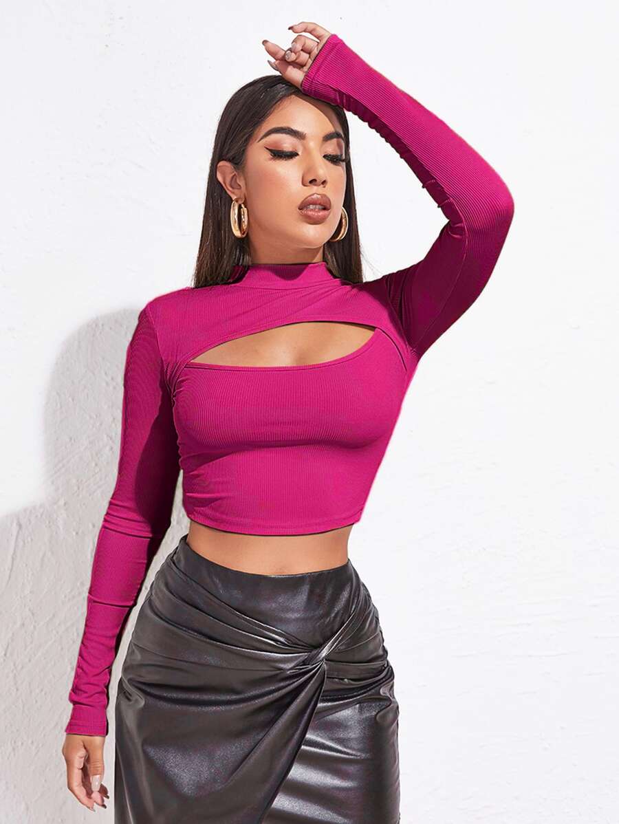 SHEIN Allurite Áo thun dài tay nữ có đường cắt xẻ - Màu Hồng Tươi - Xem 1