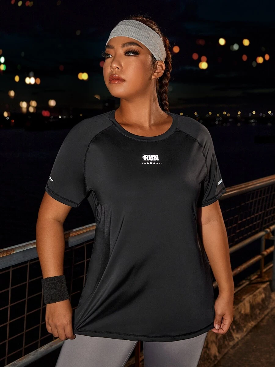 Gameset SHEIN Sport 大碼字母圖案反光拼塊插肩袖運動T恤 - 黑色 - 查看 1