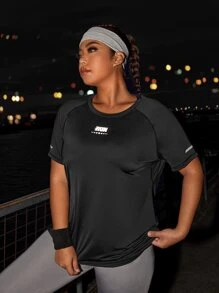 Gameset SHEIN Sport 大碼字母圖案反光拼塊插肩袖運動T恤 - 黑色 - 查看 4