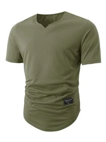 Manfinity Homme Camiseta De Cuello En V De Detalle De Parche Para Hombres - Verde militar - Ver 1