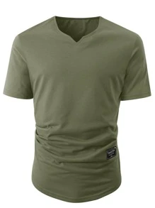 Manfinity Homme Camiseta De Cuello En V De Detalle De Parche Para Hombres - Verde militar - Ver 5