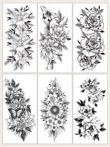 纹身贴纸套装，6 张花卉图案女士临时纹身，混合花卉纹身贴纸成人，逼真的假纹身，适合男性、女性和女孩 - 黑與白 - 查看 1