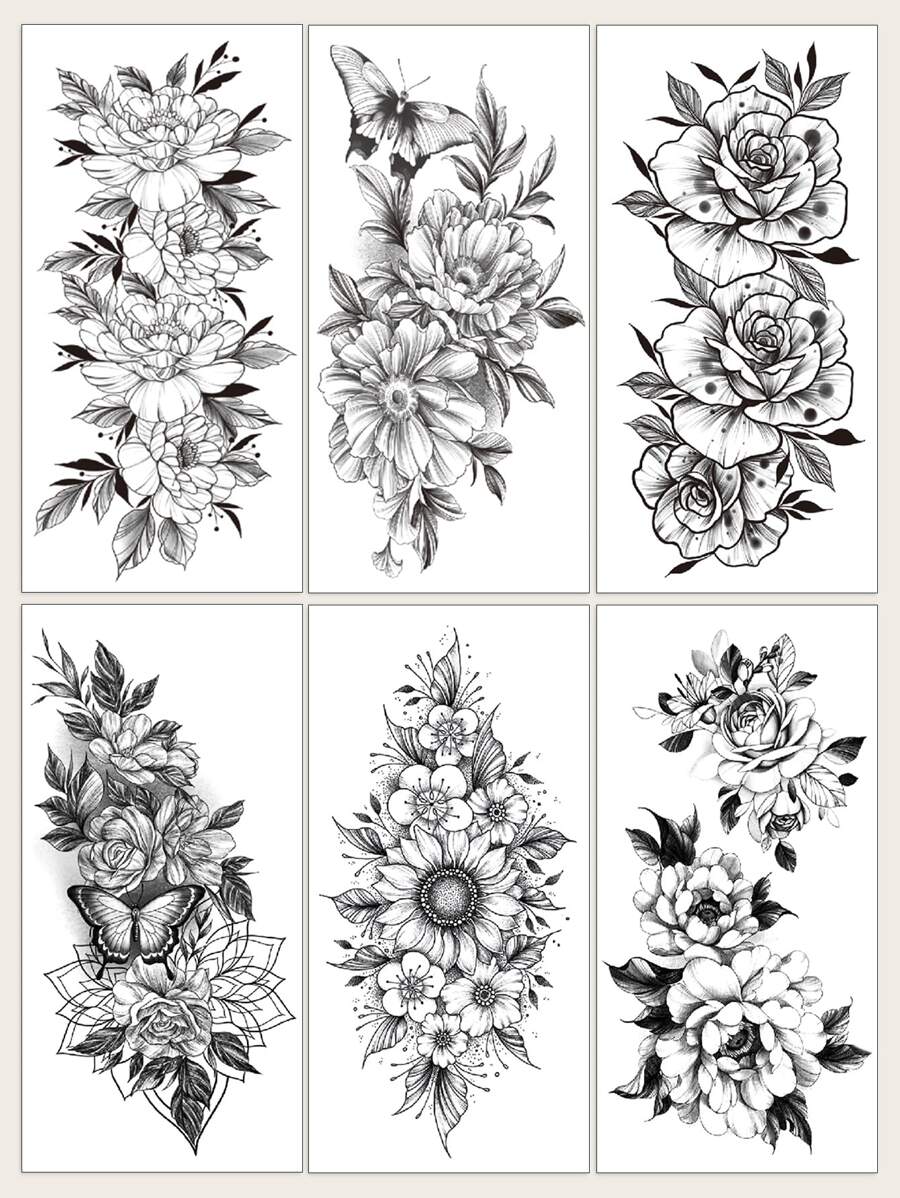 纹身贴纸套装，6 张花卉图案女士临时纹身，混合花卉纹身贴纸成人，逼真的假纹身，适合男性、女性和女孩 - 黑與白 - 查看 1